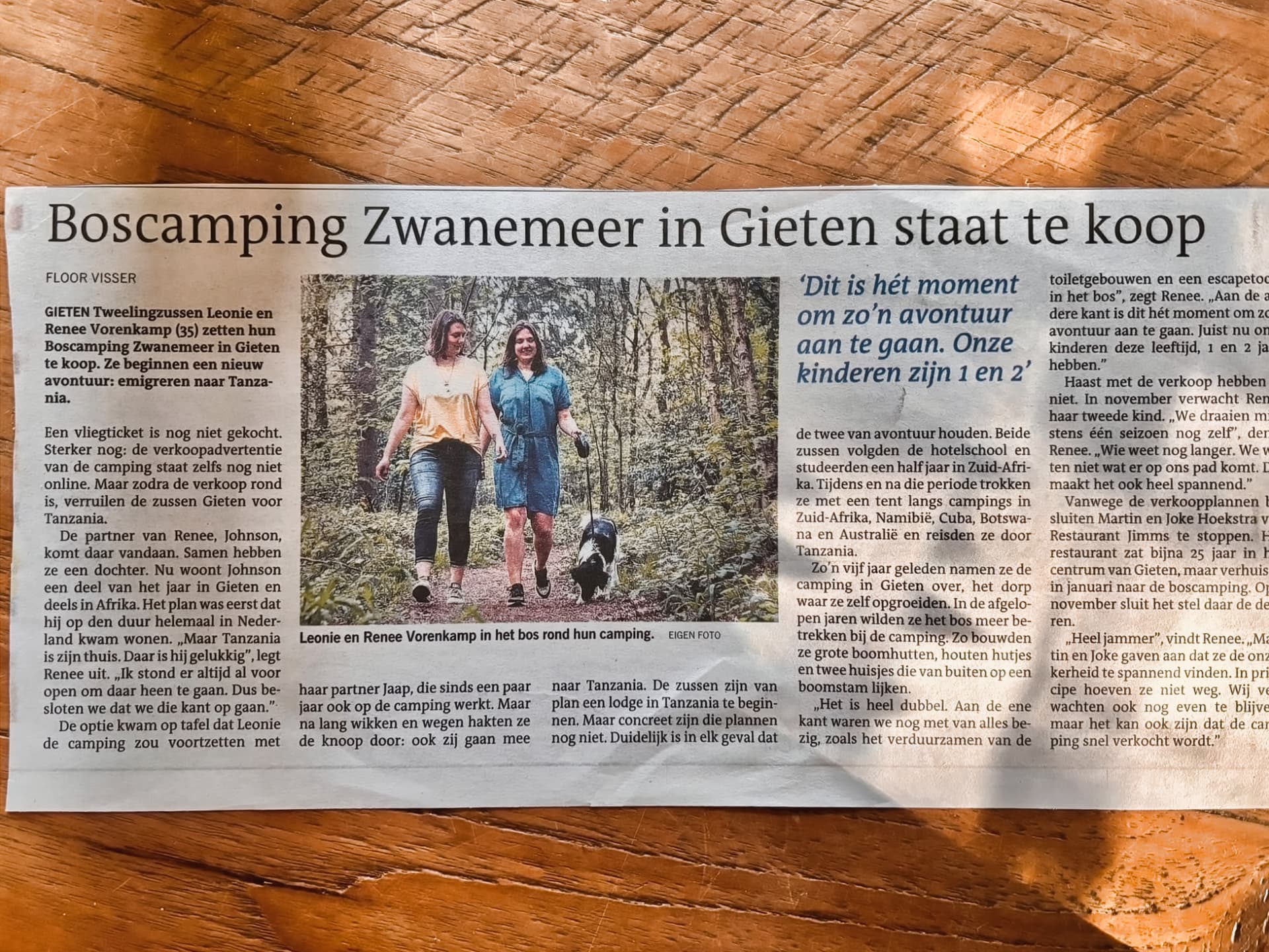 The local newspaper: Boscamping Zwanemeer is for sale